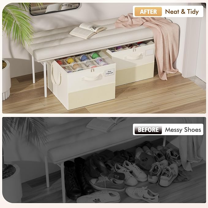 NestOrganix 2 Pack Shoe Organizer for Closet, Large Shoe Box Storage Containers, Foldable Shoe Storage Organizer Box Bin with Adjustable Dividers and Clear Cover, Space Saving Shoes Holder, Beige - Image 4