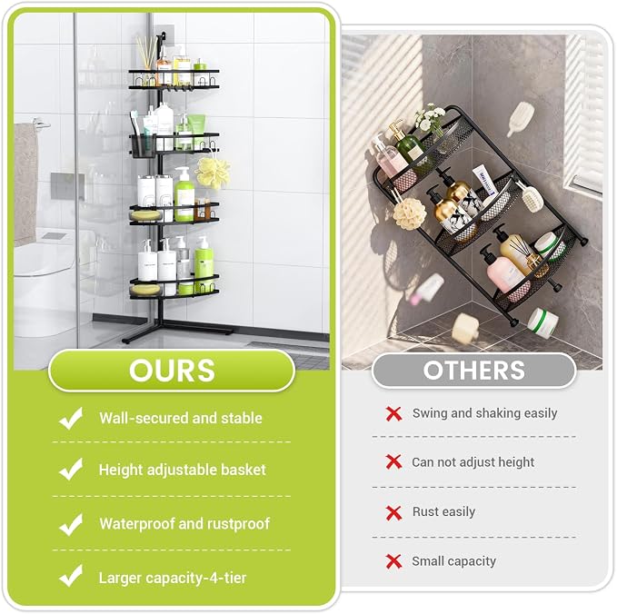 Aitatty Corner Shower Caddy Standing: 4-tier Rustproof Shower Organizer Shelf - Floor Shower Corner Shelf Rack Stand for Bathroom Black - Image 3