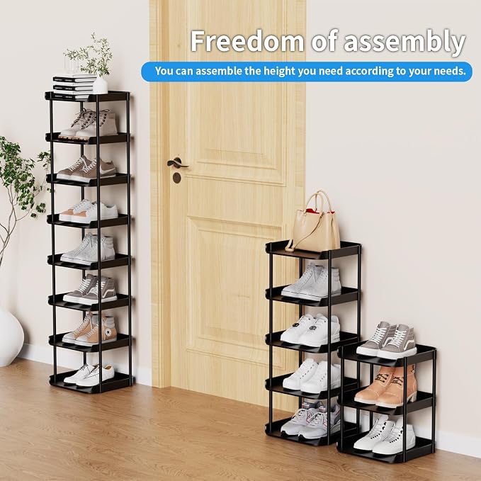 8 Tier Vertical Narrow Shoe Rack, Stackable Tall Skinny Shoerack, Compact Single Shoes Storage Tower for Slim Space, Corner Plastic Shelves, for Hallways, Entryway, Bedrooms Organizer, Black - Image 4