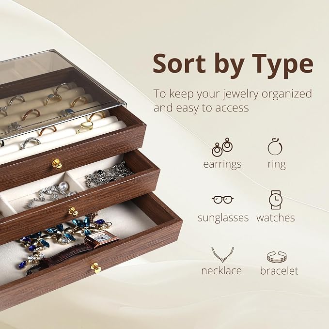CLUQMEIK 3-layer Wooden Drawer Jewelry Organizers and Storage Box with Grey Acrylic Lid and Velvet Lining, Jewelry Box for Women and Girls to Store Rings Earrings Bracelets Necklaces - Image 3