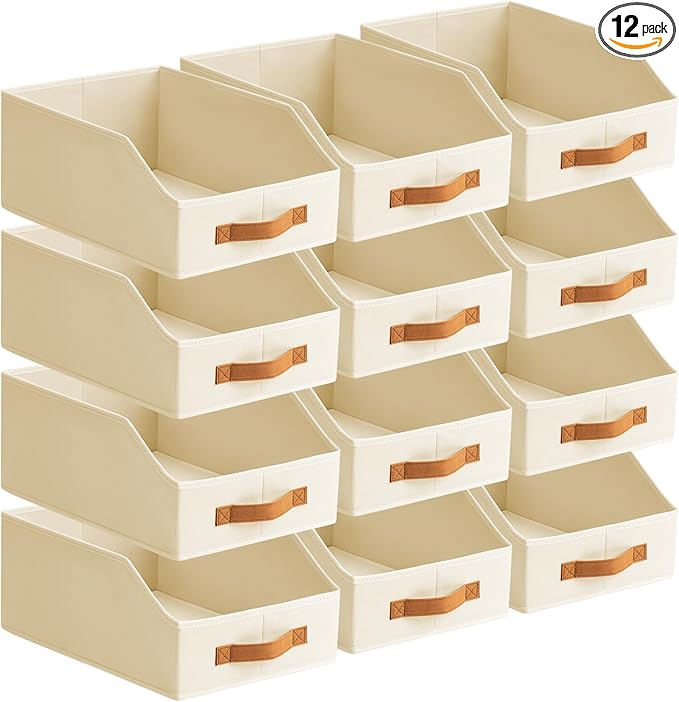 Homsorout Fabric Storage Bins for Organizing - 12 Pack Large Trapezoid Collapsible Storage Bins with Front Handle, Closet Organizers and Storage for Bedroom, Home Shelves, Small Spaces, Beige by Homsorout