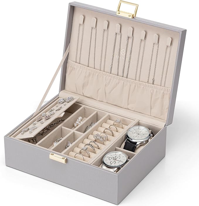 VLANDO 2 Layer Jewelry Box Large Jewelry Organizer for Women Removable Jewelery Tray with Watch Pillow for Necklace Earrings Rings Bracelets Gifts for Couples Mom Friends, Bridesmaid (Grey) - Image 6