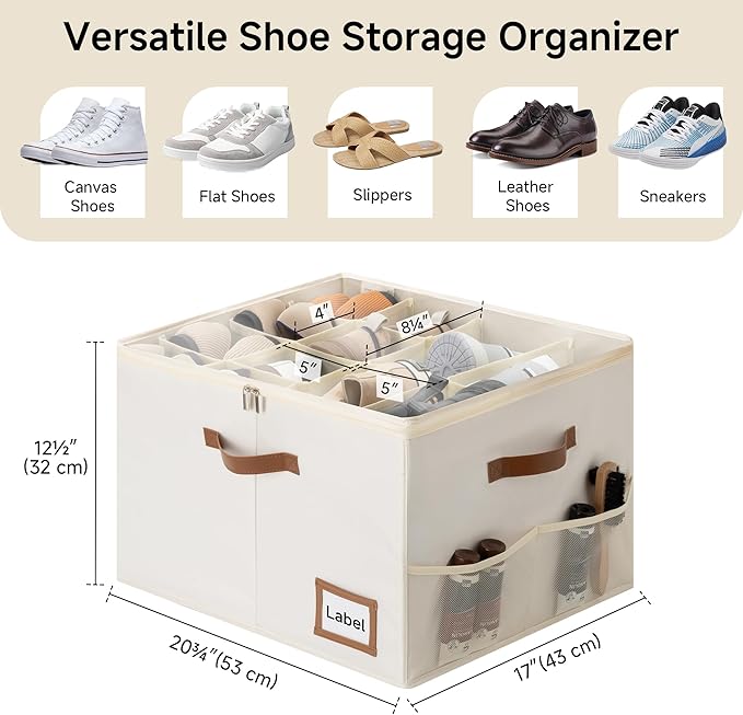 StorageWorks Shoe Organizer for Closet, 2 Pack Shoe Storage Boxes with Clear Lid, Stackable Shoe Storage Organizer for Sandals and Slippers, Fabric Shoe Bins for Closet, Holds 16–32 Pairs, Beige - Image 2