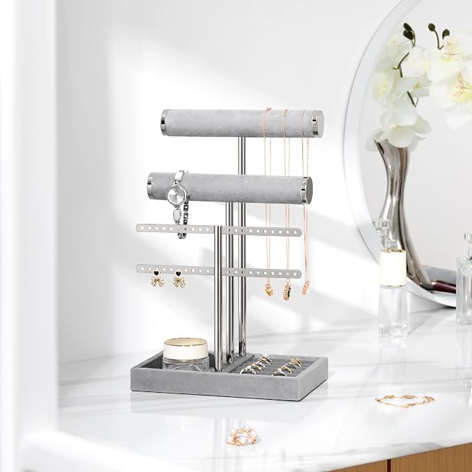 bussdis 3 Tier Bracelet Holder Display - Detachable T Bar Grey Velvet Bracelet Holder, Jewelry Holder Organizer for Bracelet, Necklace, Earrings, Rings - Image 6