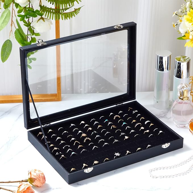 Yinkin 2 Pcs 100 Slots Ring Organizer Box with Transparent Glass Lid Necklace Display Tray Ring Case Velvet Jewelry Holder(Ring) - Image 4