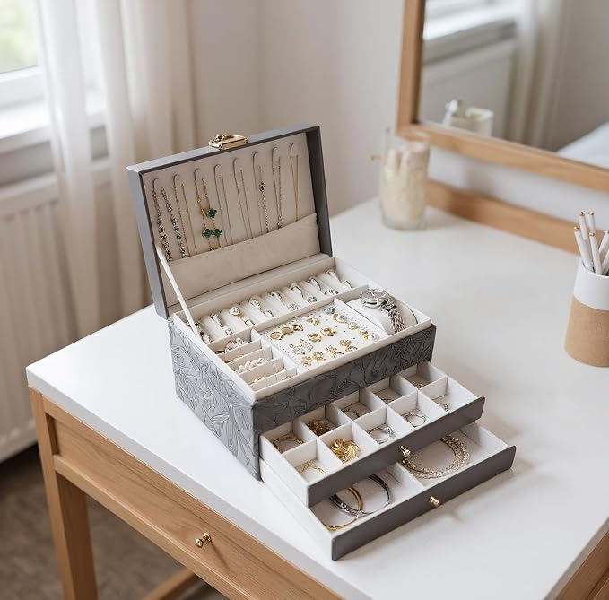 TOFUNTOY Jewelry Organizer Box, Large Jewelry Boxes for Women, 3-Layer Jewelry Holder Organizer for Necklace Earrings Rings Bracelets Storage, Gift for Her Mom - Image 7