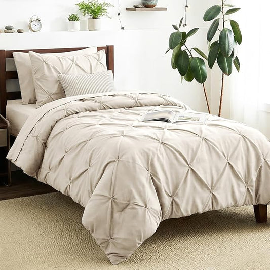 CozyLux Twin XL Comforter Set Beige, 5 Pieces Twin Extra Long Pintuck Bed in A Bag for College Dorm, Pinch Pleat Bedding Set with Comforter, Sheets, Pillowcase & Sham