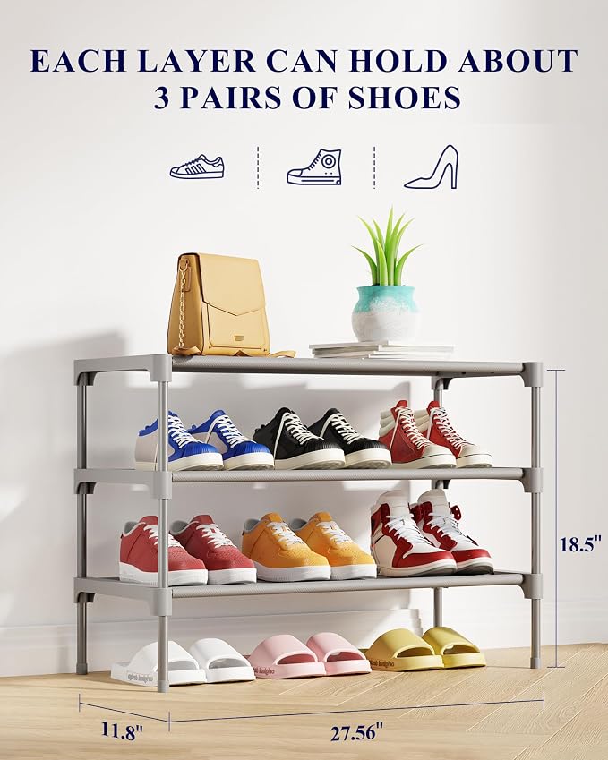 Kitsure Shoe Rack - Non-Woven Shoe Rack Shelf, Shoe Organizer for Closet, Entryway, Garage & Corridor, Stackable Shoe Shelves, 27.5" Wide - 3 Tier, Grey - Image 3