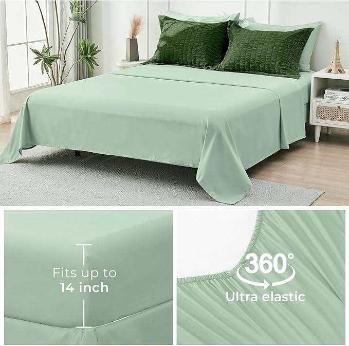 HYMOKEGE Dark Green/Sage Green King Size Comforter Set Seersucker 7 Pieces, All Season Luxury Bed in a Bag for Bedroom, Bedding Set with Comforter, Sheets, Pillowcases & Shams