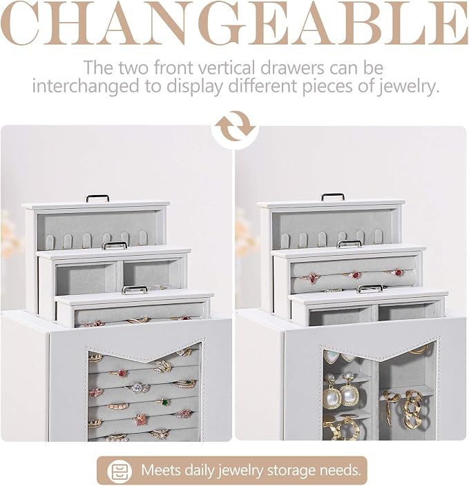 Homde Jewelry Organizer with Transparent Window Necklace Hooks Gift for Women Jewelry Box Display Case for Necklaces Rings Earrings Bracelets and Other Jewelry Accessories (White) - Image 3