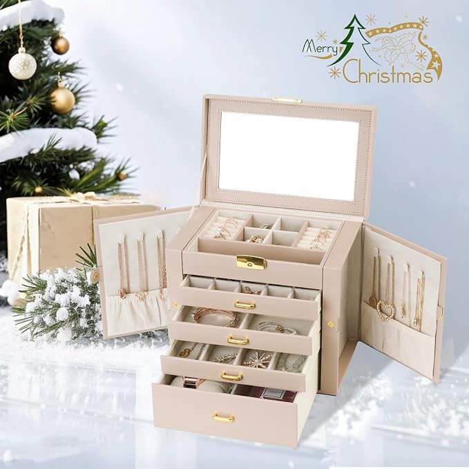 Jewelry Box for Women, 5-Layer Jewelry Organizers Box, Large Jewelry Storage Box for Girls, Jewelry Holder Organizers Gift for Valentine's Day, Christmas (Apricot) - Image 2