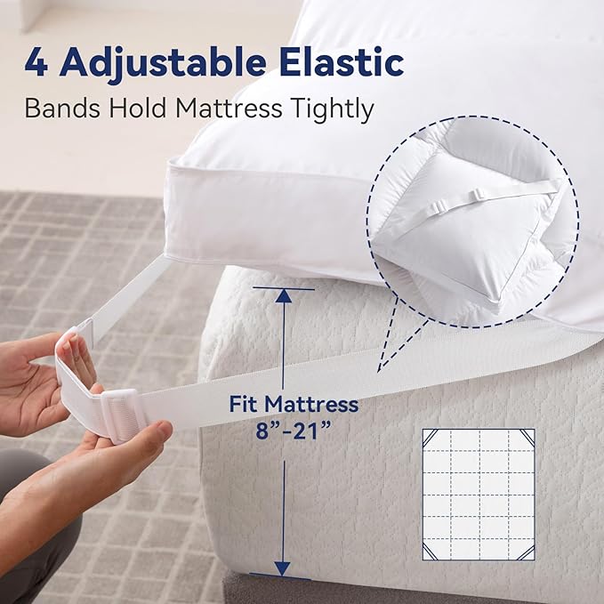 3 Inch Goose Feather Mattress Topper Twin Size, Thick Featherbed with Adjustable Bands, Plush Soft Fluffy Baffled Pillowtop, 39”x75”