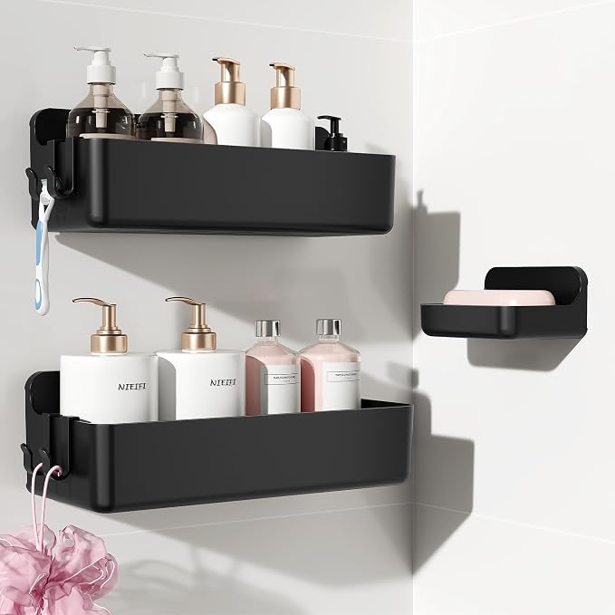 Nieifi Adhesive Wall Shelf, Shower Shelves, Shower Organizer for Bathroom Organization (Black, 3 pieces) by Nieifi