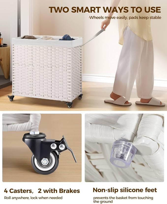 Greenstell Laundry Hamper with Wheels&Lid,130L Large 3 Sections Clothes Hamper with 2 Types Removable Liner Bags, 5 Mesh Laundry Bags, Handwoven Divided Laundry Basket White - Image 3