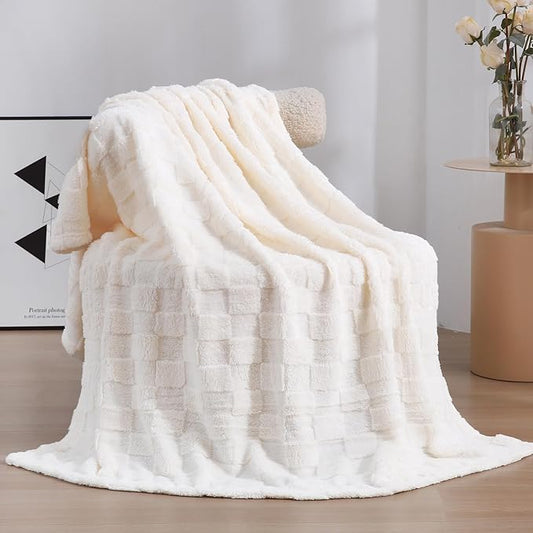 Cream White Fleece Throw Blanket 50?€???60?€? for Couch Sofa Bed,Super Soft Cozy Plush Microfiber Flannel Blanket with 3D Checkered Design Lightweight for Adults,Woman,Girls