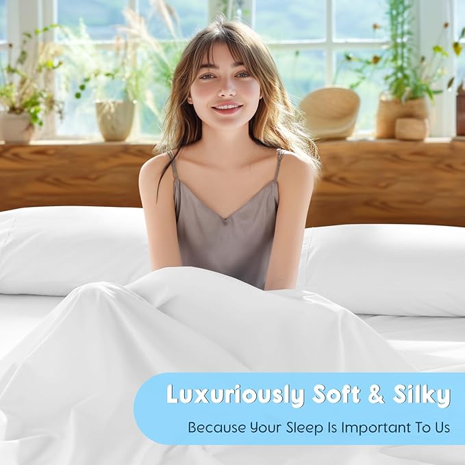 SONORO KATE 100% Egyptian Cotton Sheets Set - 1000 High Thread Count, Luxury 5-Star Hotel Sateen Bed Sheets, Soft, Breathable Long Staple Sheets, Fit up to 16" - 4 PC (White,Queen)