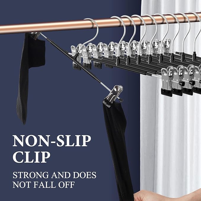 Pants Hangers with Clips 60 Pack Adjustable Skirt Hangers for Women Non-Slip Trousers Hanger for Jeans Clothes Hangers for Pants Heavy Duty Space Saving Shorts Hangers,Black,12Inch - Image 2