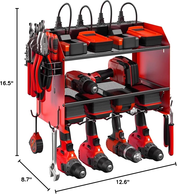 CCCEI Modular Power Tool Organizer Wall Mount with Charging Station. Garage Drill Storage Shelf with Hooks, Heavy Duty Rack, Tool Battery Holder Built in 8 Outlet. Gift for Men. Red, 1 Pack. - Image 9