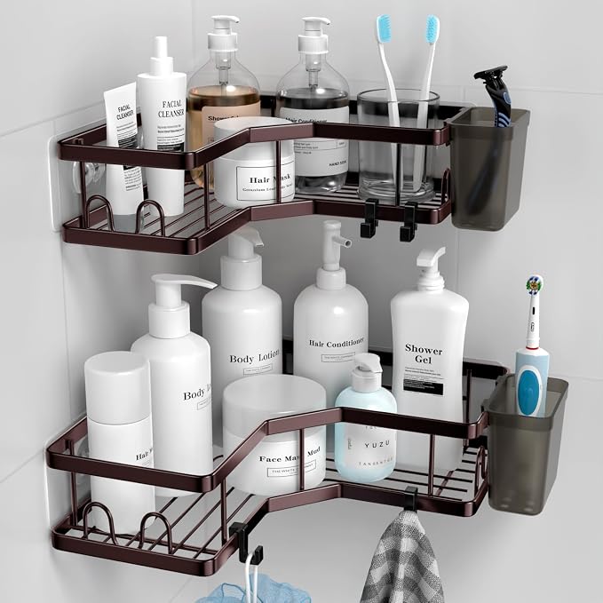 AKTECKE Shower Caddy Corner Organizer: 2Pack Adhesive Shower Shelf Essentials - No Drilling Stainless Steel Bathroom Storage Rack with Hooks and Toothpaste Holder - Shower Accessories by AKTECKE