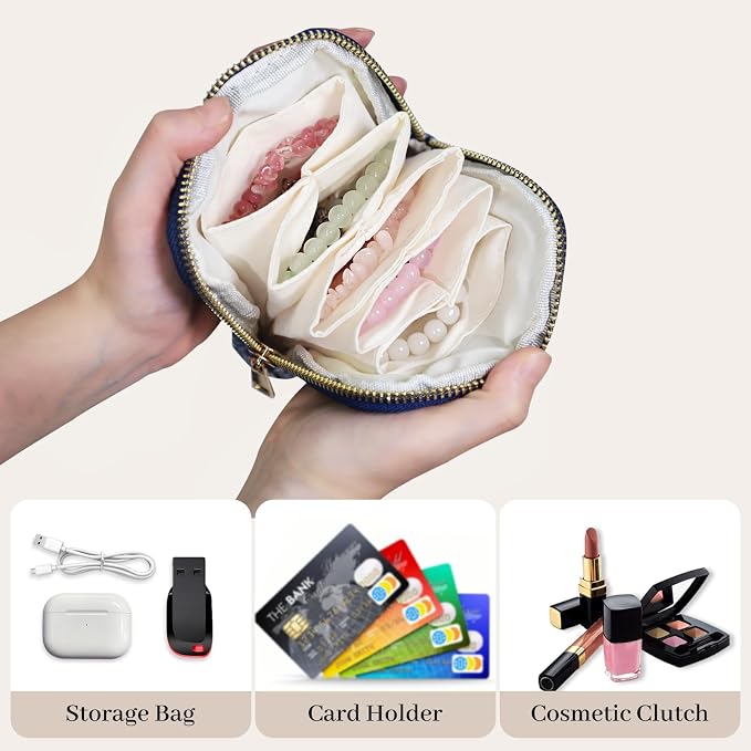 Stratalife Travel Jewelry Case - Portable Jewelry Pouches for Bracelets Necklace Rings, Healing Crystal Storage Bag Earring Organizer with Zipper Gift for Women, Navy Blue - Image 2