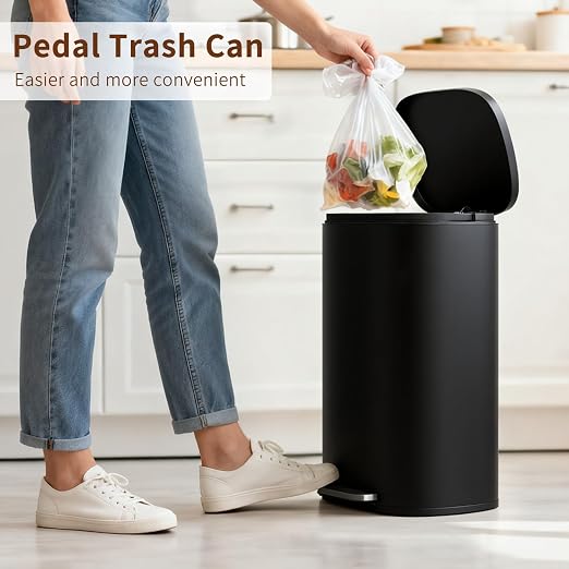 PayLessHere Stainless Steel Trash Can with Lid - Removable Inner Bucket, Foot Pedal Soft Close for Office, Home, Kitchen Garbage Bin (Black, 13 G) - Image 2