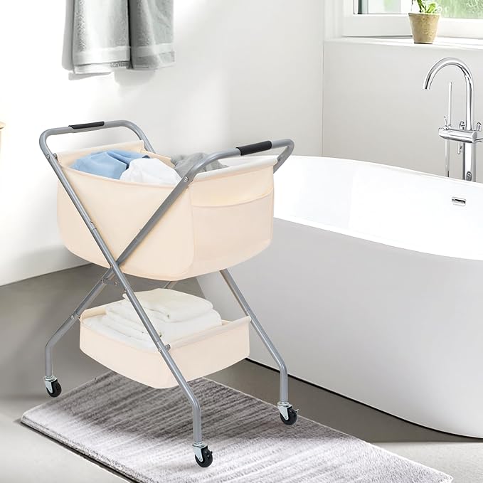 STORAGE MANIAC Collapsible Laundry Cart with Wheels 31.5"H Rolling Laundry Hamper Clothes Basket with Wheels, Canvas Liner Sturdy Steel Frame Folding for Small Narrow Space Easy Storage, Beige - Image 8