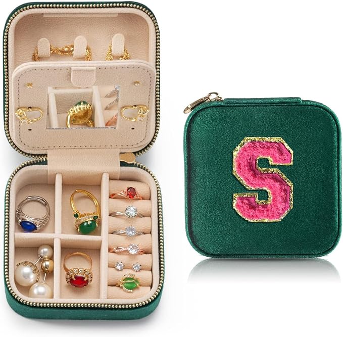 Personalized Velvet Travel Jewelry Case Box For Women Ring Necklace Earring Holder Organizer with Mirror Green Girls Box Birthday Gifts Mom Initial S by HKDSGF