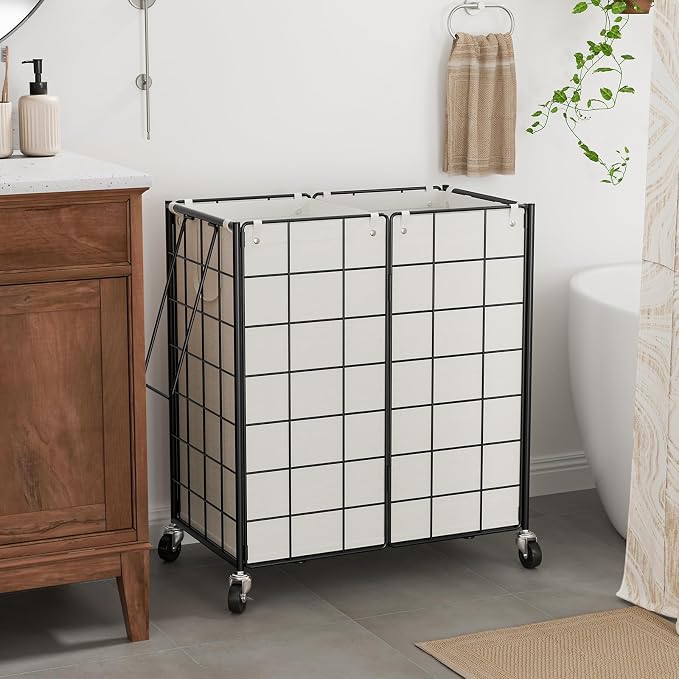 WOWLIVE Double Laundry Hamper with Wheels,Metal Wire Frame Rolling Laundry Basket with 2 Removable bags,120L Dirty Clothes Hamper Organizer Dorm Room Storage for Bedroom,Bathroom,Black and White - Image 2