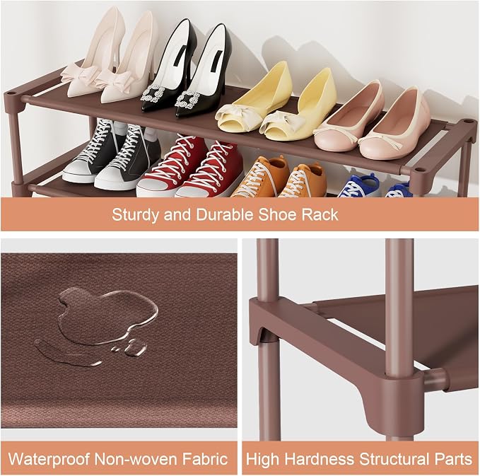 34" Widening Design Shoe Rack for Closet 16 Pairs Small Spaces Non-Woven 3 Tier Shoe Organizer Stackable Metal Shoe Shelf for Entryway, Bedroom Brown - Image 4