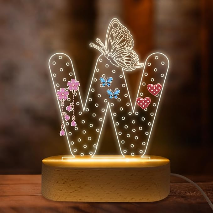 COSHAYSOO Earring Holder Organizer for Women Teen Girls with Butterfly Decorations LED Night Light USB Plug In, Initial Letter Earring Rack Vanity Dresser Dressing Table Bedroom Room Decor Letter W by COSHAYSOO