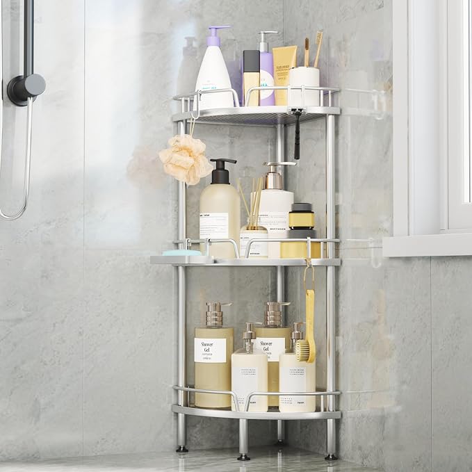 Consumest Corner Shower Caddy Stand - 3 Tier Shower Organizer with Soap Holder, Tall Floor Corner Shelf Standing with Adjustable Feet & 4 Hooks, Storage Rack for Bathroom, Silver by Consumest