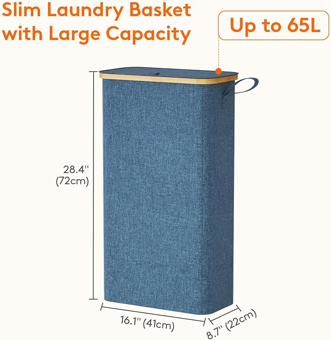 Lifewit 65L Slim Laundry Hamper with Lid, Narrow Laundry Basket with Removable Bag & Bamboo Handles, Fodable Thin Dirty Clothes Hamper for Laundry Collapsible Bin for Bathroom Bedroom Dorm, Dark Blue - Image 3