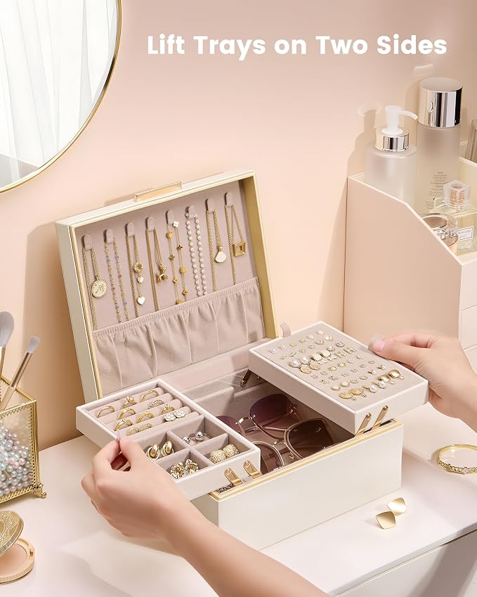 Lolalet Jewelry Box Organizer for Women Girls, 2 Layer Jewelry Organizers and Storage for Necklace Earrings Rings Bracelets, Large Jewellery Holder Case Birthday Mothers Day Gifts -Cream - Image 2