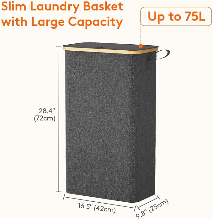 Lifewit 75L Slim Laundry Hamper with Lid, Narrow Laundry Basket with Removable Bag & Bamboo Handles, Fodable Thin Dirty Clothes Hamper for Laundry Collapsible Bin for Bathroom Bedroom Dorm, Dark Gray - Image 3