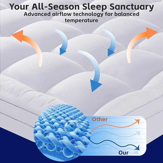 3 Inch Mattress Topper Queen Size Breathable Filled Soft Fluffy Supportive for Back Pain Relief, Bed Mattress Pad Pillow Topper with Extra Thick Padded Protector for 8"-21" Deep Pocket