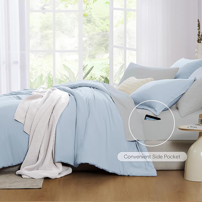 WRENSONGE Twin Comforter Set- 5 Pieces Ice Blue Twin Bed in a Bag, All Season Twin XL Bedding Sets with 1 Fitted Sheet, 1 Flat Sheet, 1 Pillow Sham and 1 Pillowcase