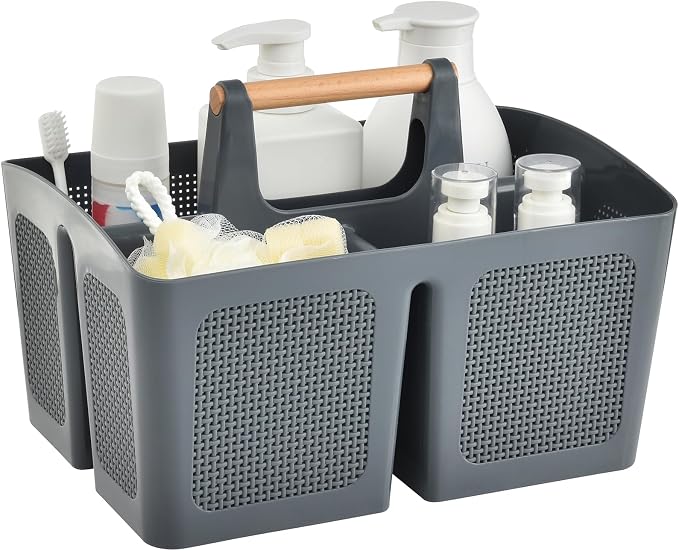 ALINK Portable Shower Caddy Basket with Compartments, Plastic Divided Cleaning Caddy Organizer Storage Tote with Handle for Bathroom, College, Dorm Room Essentials, Dark Gray by ALINK