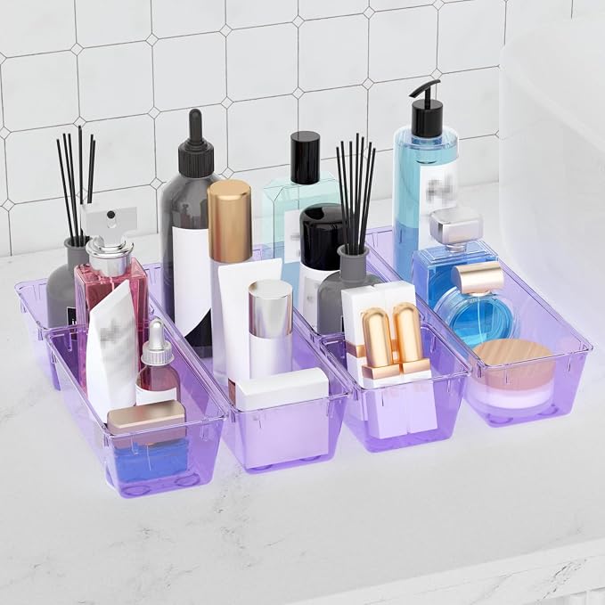 WOWBOX 9 Pack Clear Drawer Organizer Set, Acrylic Drawer Storage Trays, Storage Bins for Makeup, Cosmetics, Jewelries, Utensils, Gadgets, Office, Purple - Image 6
