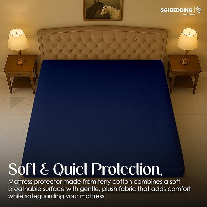 SGI bedding Waterproof Family King 120" x 80" Extra Large Bed Mattress Pad Cover, 18" Deep Pocket, Soft Noiseless & Breathable Fitted Sheet Style Mattress Protector – Navy Blue