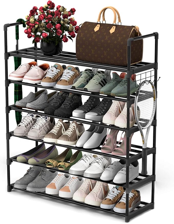 Hsscblet 6 Tiers Metal Shoe Rack,Adjustable Shoe Shelf Storage Organizer with Hooks,Stackable Boot & Shoe Storage,for Entryway,Hallway,Closet,Black by Hsscblet