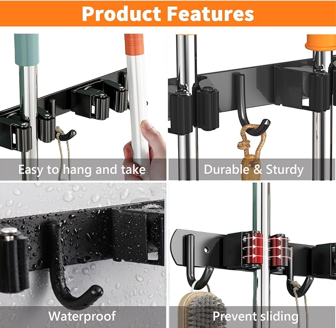 CUXIXA Mop and Broom Holder Wall Mount, Upgraded Broom Organizer Wall Mount, Stainless Steel Broom Hanger Wall Mount for Kitchen Garden Laundry Room Decor(4 Racks with 5 Hooks Black) - Image 3