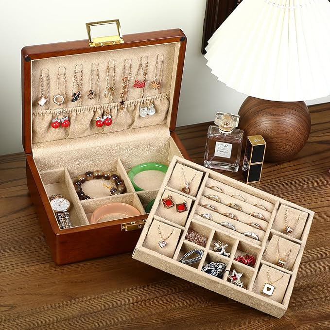 Wooden Jewelry Box with Lock, Double Layer Solid Walnut Wood Jewelry Organizer with Key Velvet Lining for Earrings Rings Necklaces Bracelets Cufflink Pendants Gift Idea Men Women - Image 4