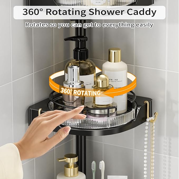 shuang qing 360° Rotating Corner Shower Caddy Tension Pole Organizer - 4-Tier Adjustable Rustproof Metal Pole, Plastic Shelves with Safety Guardrail, Bathroom Storage for Shower & Bathtub(Black) - Image 3