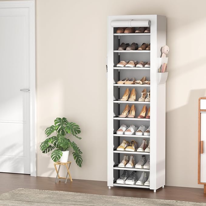 VTRIN Vertical Narrow Shoe Rack Organizer Tall Shoe Rack for Closet Entryway 10 Tier Non-Woven Cover Shoe Shelf Holds 20-22 Pairs Free Standing Shoe Storage Cabinet with Dustproof Cover, White - Image 2
