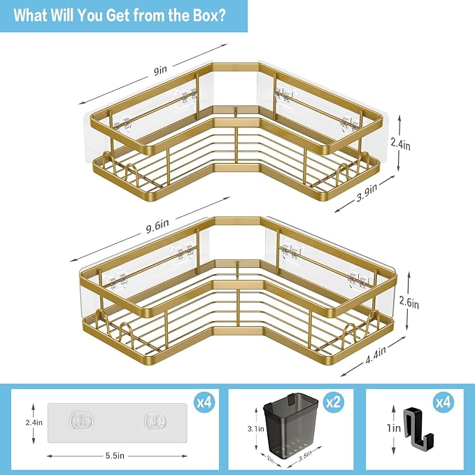AKTECKE Corner Shower Caddy Organizer Shelf: 2Pack Adhesive Shower Rack, No Drilling Stainless Steel Shower Storage Shelves for Bathroom Kitchen (Gold) - Image 5