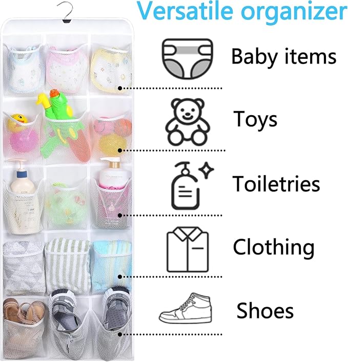 MISSLO 30 Large Pockets Dual Sided Hanging Baby Shoe Organizer for Closet with Rotating Hanger Hanging Shoe Shelves, White - Image 5
