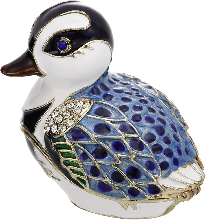 Hand Painted Enamel Duck Trinket Box for Home Decor, Hinged Jewelry Organizer for Ring Earrings, Unique Figurine Keepsake Collectible Personalized Elegant Handmade Ornament Gifts (Blue Cartoon Duck) by AzurtLCX