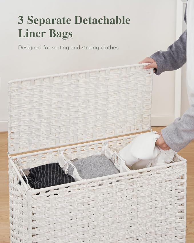SETVSON Laundry Hamper with Lid 132 L, (35 Gallons) Clothes Hamper with Lid, Handwoven Rattan Laundry Hamper with Metal Heightened Feet, Laundry Hampers with 3 Removable Liner Bags for Laundry-White - Image 3