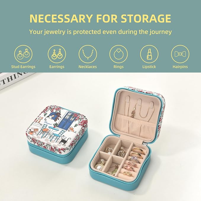 shunmei Mini Travel Jewelry Box,PU Leather Portable Jewelry Organizer Case,Art Accessories Storage Holder Boxes for Earring, Necklace, Rings, Bracelets (Six Cats) - Image 4