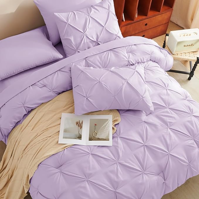 CozyLux King Size Comforter Set Lavender, 7 Pieces Bed in A Bag Light Purple Comforter King Size, Pinch Pleat Bedding Set with All Season Comforter, Sheets, Pillowcases & Shams